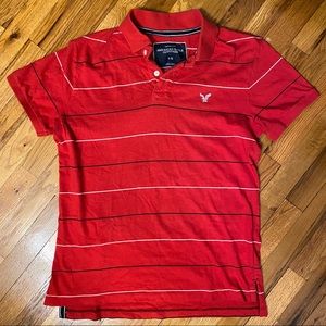 American Eagle Red Polo Shirt Fine White Blue Stripe Size L